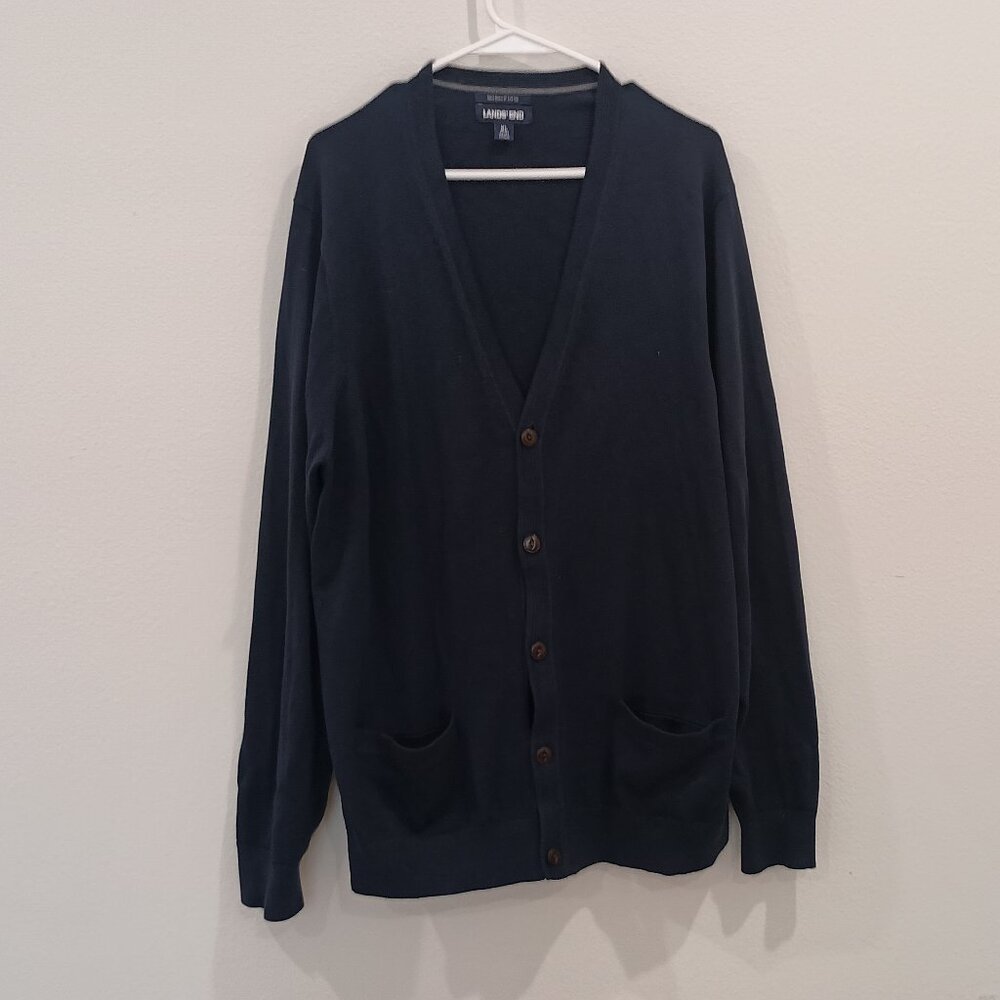 Lands End Men Button Up Sweater Cardigan Navy Blue XL (46-48), circa 2000